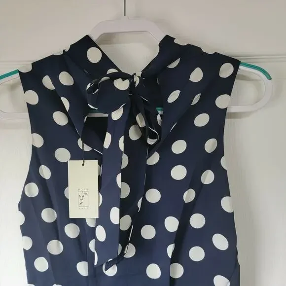 Most Of All Coralie Satin Sleeveless Midi Dress Navy Blue White Polka Dot Size 4 - Picture 7 of 10